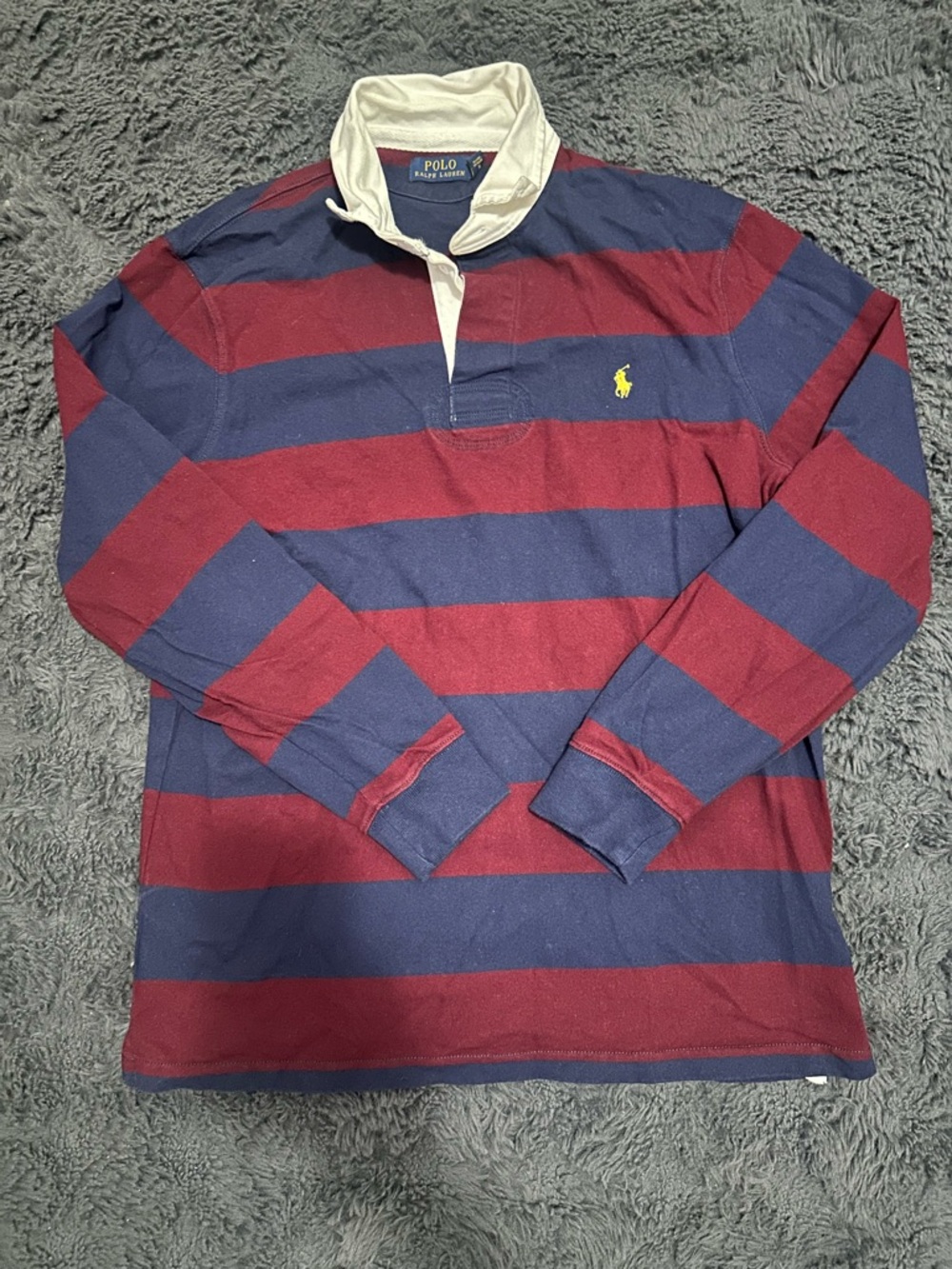 Ralph Lauren Burgundy & Navy Striped Rugby Polo with Cream Collar